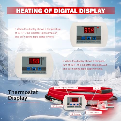 OEBLD Heat Tape for Water Pipes 3FT, Replaceable Smart Thermostat for Pipe Freeze Protection, Self-Regulating Roof Deicing Cable for Metal and Plastic Home Pipes, 110-120V