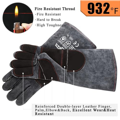 RAPICCA Fireplace Fire Pit Gloves, 932°F Fireproof Leather, 16in Dark Grey | For Wood Stove, Campfire, Charcoal, Cast Iron, BBQ Grill, Oven, Stick & MIG Welding, Forge, Dry Ice - color: Dark-grey(length 16in)