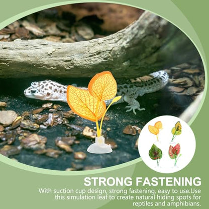 Hemoton 4pcs Artificial Reptile Terrarium Plants Leaves Decorations with Suction Cups, Vivid Landscaping Leaves for Turtle Lizard Chameleon Snake Habitat, Pet Box Ornament