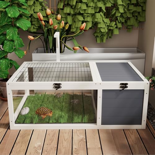 Wooden Tortoise Enclosure, Indoor Tortoise Habitat, Outdoor Reptile Cage with Rest Area, Activity Area and Removable Tray, Small Animal Breeding Box 39.5''L*24''W*12.8''H (Dark Gray White 1) - color: Dark Gray White 1
