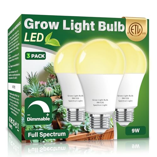 3 Pack Full Spectrum Grow Light Bulbs,A19 Grow Lights for Indoor Plants,Dimmable E26 9W Grow Bulb Replace up to 100W,Plant Lights for Indoor Growing,Flowers,Greenhouse,Indore - size: 3 Count (Pack of 1)