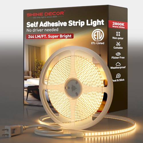 Shine Decor LED Strip Light Super Bright 4000LM, Plug&Play 120V Driverless Easy Wiring, Flicker Free Weatherproof for Outdoor Indoor, Min. 3.9” Cuttable Stickable, 2800K Warm White 16FT ETL Listed - color: Warm White, size: 16.4 Ft