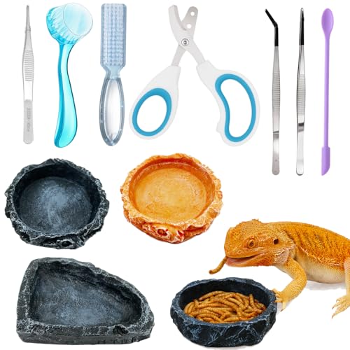 Bearded Dragon Tank Accessories Kit – 10pcs Reptile Water Food Bowl, Feeding Tongs with Rubber Tip, Grooming & Cleaning Set for Lizards, Geckos & Small Reptiles