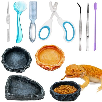 Bearded Dragon Tank Accessories Kit – 10pcs Reptile Water Food Bowl, Feeding Tongs with Rubber Tip, Grooming & Cleaning Set for Lizards, Geckos & Small Reptiles