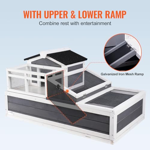 VEVOR 3-Room Tortoise House,Tortoise Habitat with Balcony & 2 Stories, Wooden Tortoise Enclosure Indoor & Outdoor with Ramp, Tray, Openable Roof, Large Reptile Cage, 44" x 25.6"x 24"