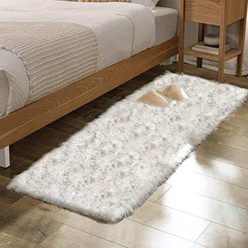 ORINOVA Grey and White Plush Shag Washable Rugs for Bedroom Faux Sheepskin Fur Furry Carpet for Living Room 2x6 Nursery Rug Runner - color: White With Grey Tips, size: 2' x 6' (Runner)