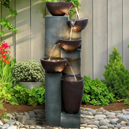 Naturefalls 39.7" Tall Outdoor Water Fountain and Waterfalls - Large Garden Fountain with LED Lights, 5-Tier Cascading, Indoor and Outdoor Fountains for Garden, Patio, Deck, Porch, Backyard and Home - color: Gray, size: 39.7inches