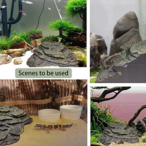 PINVNBY Turtle Basking Platform, Reptile Climbing Shale Resin Ledge Stone, Aquarium Ornament Rock Landscaping Decoration with Suction Cups for Frogs Newts Lizard (Large:7.1”Lx6.3”Wx2.7”H)