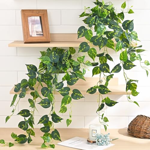 Fake Plants, Artificial Plants Indoor, 34" Fake Hanging Pothos Vines, 2Pcs | Maintenance-free, Realistic Durable, Fake Pothos for Living Room Office Bedroom Bathroom Kitchen Shelves Indoor Home Decor - color: Golden Green, size: 2 pcs