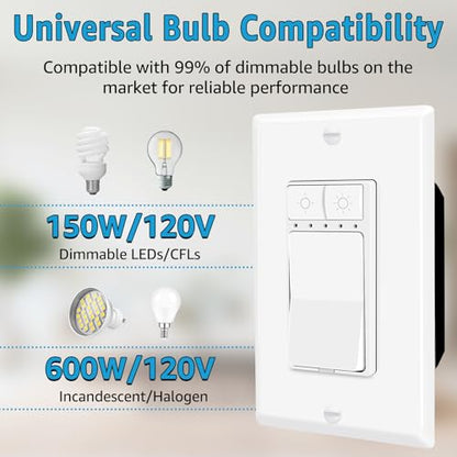 Single Pole Dimmer Light Switch, Neutral Wire Required, Work with LED/CFL (150W Max) & Halogen/Incandescent (600W Max), Rocker Dimmer Switch,5 Brightness Levels, ETL/FCC Certified, 2-Pack - color: Single-Pole Push Dimmer