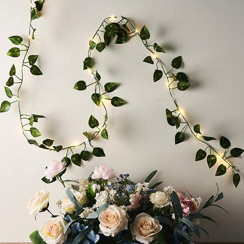 Green Leaf Garland String Lights, 7FT 20 LED Warm White Battery Operated Artificial Vine Fairy Lights for Wedding Home Bedroom Birthday Garden Party Decor - color: Arrowroot Leaf Garland