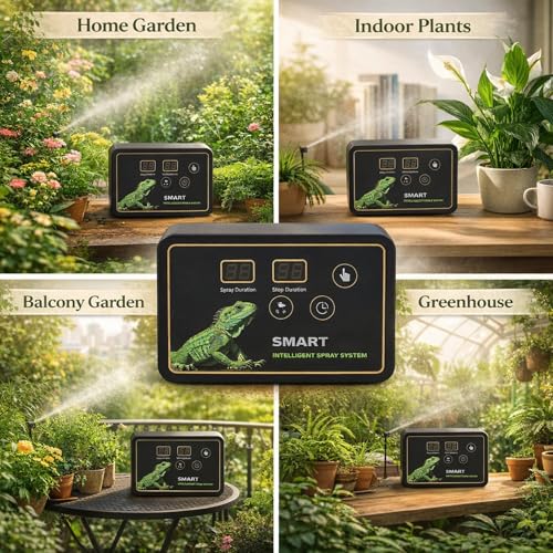 Rainforest Tank Timer Misting System with 360° Adjustable Nozzles, Quiet Touch Control, DC 5V, UK Plug - Smart Timing, Automatic Mist, Ideal for Reptile Humidity Control
