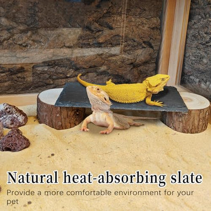 Bearded Dragon Basking Platform,Reptile Basking Platform Slate Rocks with Wooden Pile,Leopard Gecko Hides and Caves Climbing Tank Accessories for Lizards Snakes Tortoise Ball Python(Large)