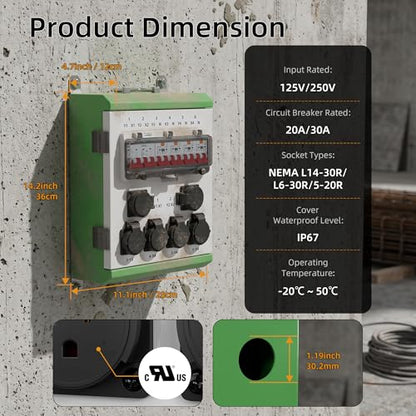 Joinfworld Power Distribution Box, 20A/30A 125V Electrical Box with NEMA 5-20R/L6-30R/L14-30R IP67 Waterproof Breaker Box Power Socket for RV, Construction Site Home Garage - size: 30A Power Distribution Box