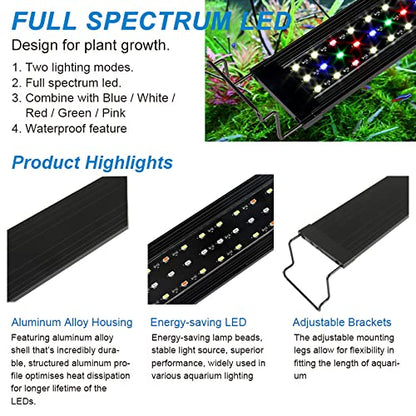 WaterRebirth Ultra-Slim Full Spectrum LED Aquarium Light Adjustable Brackets,800LM 20W for 24Inch to 30Inch Fish Tank Lighting Fresh Water - size: 24-30"