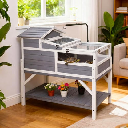 GEGURI Tortoise Habitat House Indoor Outdoor, 3-Room Wooden Turtle Enclosure Reptile Cage with Shelf Storage, Balcony & 2 Stories for Small Animals (Tortoise Habitat with Shelf Storage)