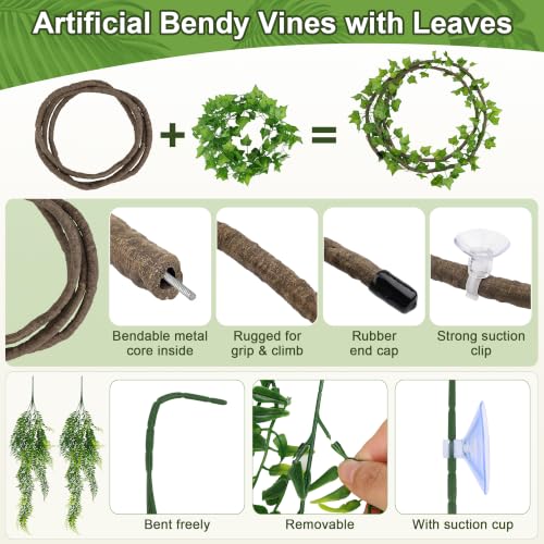 23''×20'' Reptile Hide Bearded Dragon Tank Accessories Bridge Hideout&Vine | Large Climbing Wooden Bridge Hideout & Hanging Plant Vines Artificial Leaves for Snake Lizard Tortoise Leopard Gecko