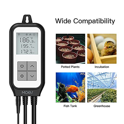 MOES Smart WiFi Cooling Heating Thermostat Outlet, Tuya Digital Temperature Controller Sensor Plug for Reptile Fermenter Brewing Breeding Heat Mat, Smart Life Remote Control, -22-221℉,10A 1250W
