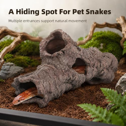 Large Reptile Resin Log Cave, 12 Inch Terrarium Hideout with 5 Openings, Faux Bark Aquarium Cave Decor for Bearded Dragon, Gecko, Snake, Lizard, Turtle, Fish .00 X 6.49 X 4.72 in Brown