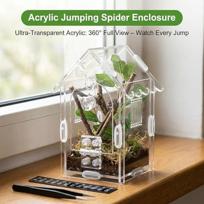 Jumping Spider Enclosure, Acrylic Terrarium Habitat with Magnetic Front Door & Full Ventilation, with Tweezers and Temperature Sticker, for Spiderling and Micro Reptiles