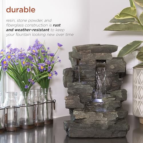 Alpine Corporation 13" Tall Indoor Tabletop Water Fountain, 4 Tier Cascading Water Feature with LED Lights for Home, Office, Living Room, or Zen Decor, Gray - style: Stacked Stone w/ LED