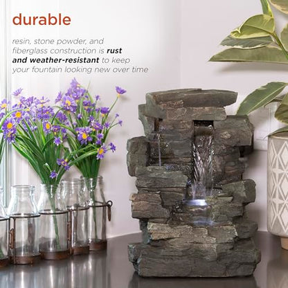 Alpine Corporation 13" Tall Indoor Tabletop Water Fountain, 4 Tier Cascading Water Feature with LED Lights for Home, Office, Living Room, or Zen Decor, Gray - style: Stacked Stone w/ LED