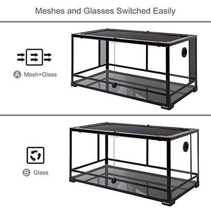 REPTI ZOO Dual Reptile Light Fixture and 49 Gallon Reptile Glass Tank Terrarium 2 in 1 Side Meshes and Side Glasses