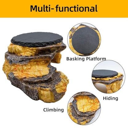 Reptile Basking Platform, Turtle Basking Platform Bearded Dragon Tank Accessories Reptile Hideout with Rock Slate Plate for Lizard, Leopard, Crested Gecko(Large-Yellow) - style: style 3