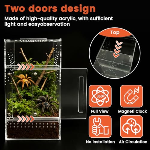 Jumping Spider Enclosure, 6"×6"×11.8" Dual Magnetic Door Arboreal Tarantula Cribs, Ventilation Spider House, Escape Proof Praying Mantis Habitat, Acrylic Snail Cage, Acrylic Terrarium Habitat