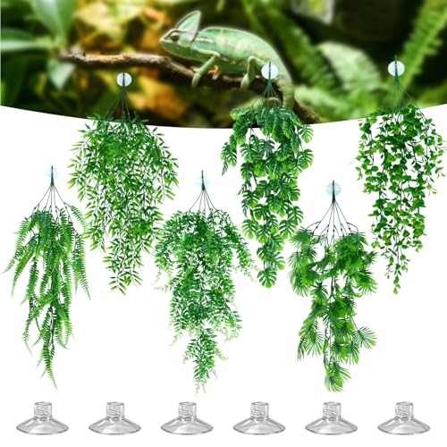 Reptile Plants for Bearded Dragon Tank Accessories, 6 Pack Terrarium Hanging Vines Artificial Leaves with Suction Cups for Lizard, Gecko, Snake, Chameleon Habitat Decor - color: Rp-b-3