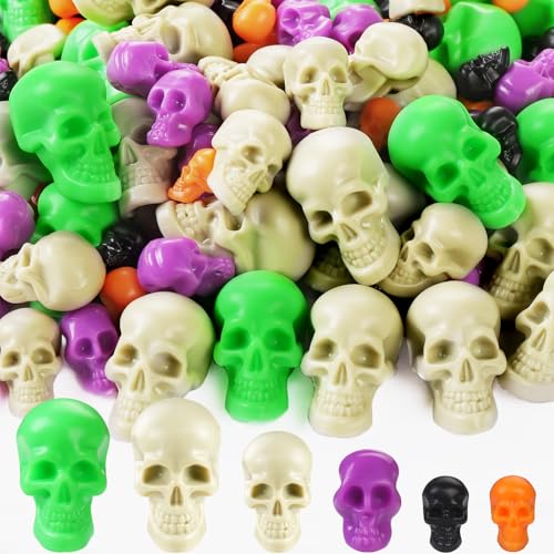 Vellibring 150 PCS Halloween Mini Skull Heads Decoration, Plastic Miniature Decorative Skulls DIY Resin Skeleton Head Figurines for Halloween Vase Filler Trick Toy Party Table Decor - color: Colorful