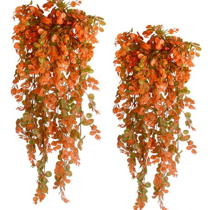 6pcs Artificial Hanging Fall Plants Fake Hanging Plant Faux Eucalyptus Leaf Greenery Vine Outdoor UV Resistant Plastic Plants (6, Fall Orange) - color: Fall Orange