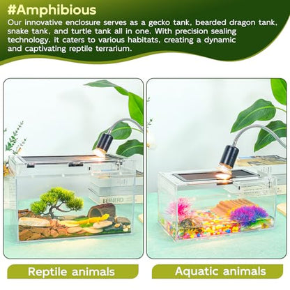 12.5''×6''×7'' Reptile Tank Kit with Heat Lamp, Spray Bottle, Shovel, Tweezers, Food Bowl, Hideout -Perfect for Geckos, Snakes, Lizards, Turtles, Jumping Spider,Milk Frog,Hermit Crabs