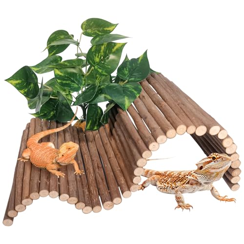 Reptile Hide Bearded Dragon Tank Accessories Large Climbing Wooden Bridge Hideout Tortoise Basking Platform Ramp Decor for Snake Lizard Ball Python Tortoise Leopard Gecko