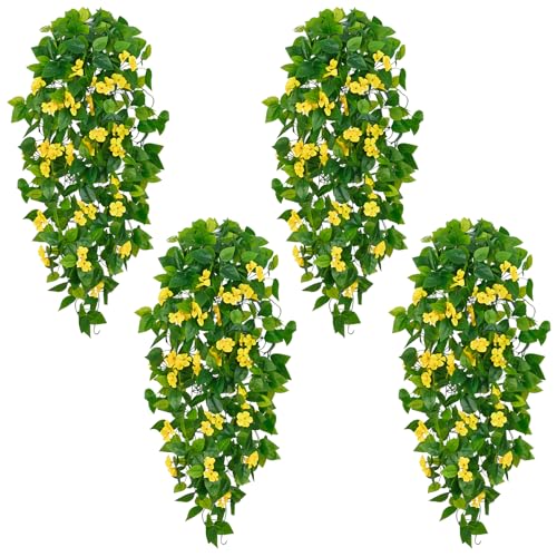 BLEUM CADE Artificial Hanging Flowers for Outdoors, 4pcs Fake Hanging Plants Pothos Vines with Yellow Flowers for Wall Home Living Room Indoor Outdoor Decor (No Baskets) - color: Vines With Flowers - Yellow, size: 4pcs