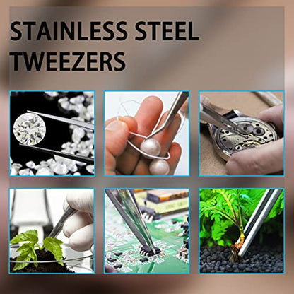 Bonsicoky 4Pcs 8 Inch Stainless Steel Tweezers, Long Tweezers with Precision Serrated Straight Tips, Non-slip Multitool Tweezer for Cooking, Repairing, Medical, Garden - size: 8" x 4(Straight)