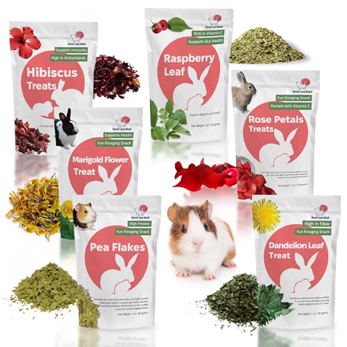 Snout and Shell Small Pet Mega Pack – 6 Natural Treats: Pea Flakes, Dandelion, Raspberry Leaf, Marigold, Rose Petals & Hibiscus – For Rabbits, Guinea Pigs, Chinchillas & More – Foraging & Health Boost