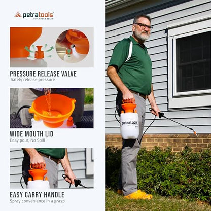 Petratools 1 Gallon Pump Sprayer – HD101 Garden Sprayer for Weeds, Lawn Care & Pesticides – 52” Long Hose, 2 Nozzles & Easy Carry Handle – Durable & Lightweight - size: 1 Gallon
