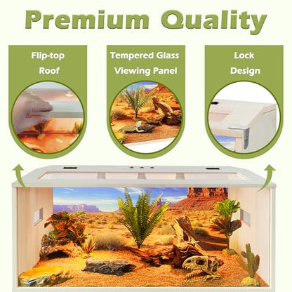 PROLEE Bearded Dragon Tank, 81 Gallons Wooden Reptile Enslosure, Tempered Glass Lizard Tank, Large Bearded Dragon Enclosure with Built-in Lamp Fixture for Lizard - size: 81 gallons