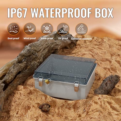 Joinfworld Outdoor Waterproof Electrical Box 13x13x5 with Clear Cover | IP67 water&UV proof box, 304 stainless latch, durable plastic, plate&rail, wall/freestand for marine, solar, Starlink & more - size: 13"x13"x5" Clear