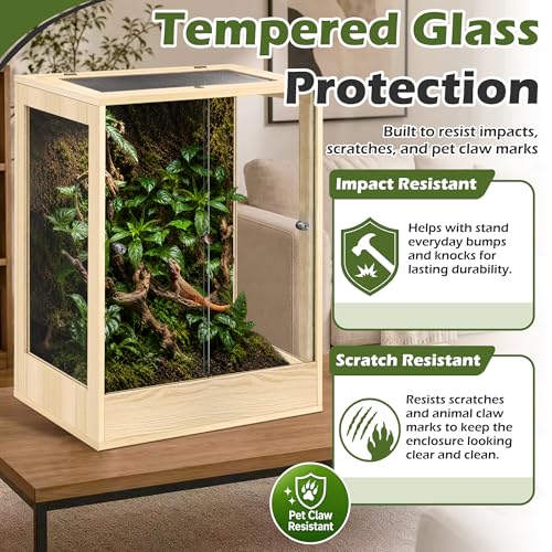 PROLEE 24" x 18" x 36" Tall Reptile Terrarium, 65 Gallon Glass Chameleon Cage, Vertical Crested Gecko Tank with Ventilated Mesh Top, Front Opening Rainforest Habitat, Oak - color: Oak, size: 24" L x 18" W x 36" H, 65 Gallon