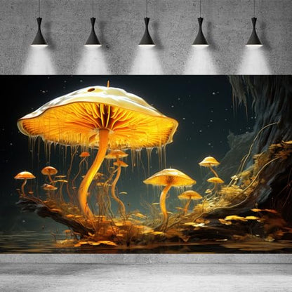 Fantasy Mushrooms Aquarium Background Fantasy Mushroom in Magical Enchanted Fairy Tale Stream Reptile Tank Enclosure Terrarium Backgrounds Mushroom Theme Landscape Fish Tank Backgrounds 24x12in - color: Yellow, size: 24(W)x12(H)in