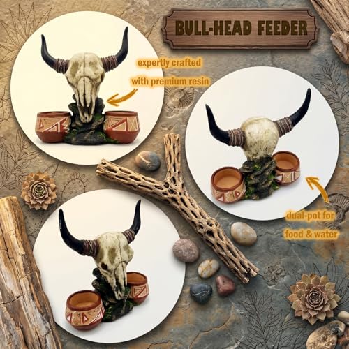 Reptile Water Bowl Bull-Head Shape Gecko Décor Terrarium Tank Decoration | Western bull head skull design, two water/food bowl, for leopard gecko/ bearded dragon and other small reptiles