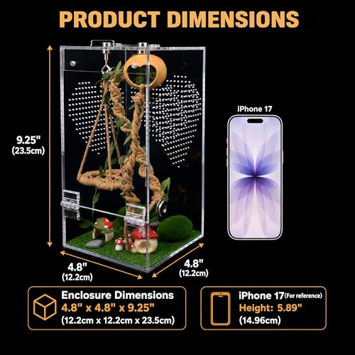 Jumping Spider Enclosure Kit, Pre-Assembled Acrylic Spider Terrarium with Magnetic Door, 19PCS Accessories, Starter Habitat for Jumping Spiders 4.8 x 4.8 x 9.25 Inches