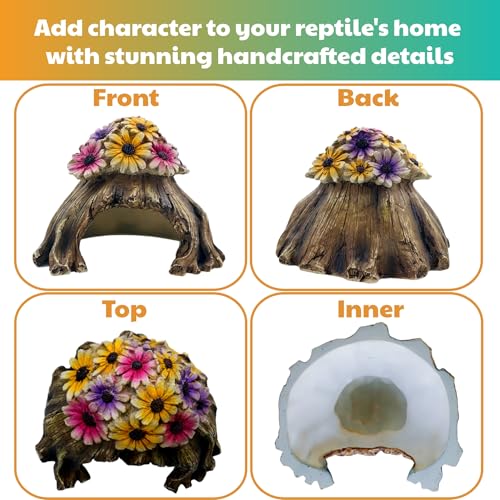 Humid Hide for Leopard Gecko – Resin Reptile Hide with Artificial Flowers, Tree Stump Cave for Crested Gecko Corn Snake Juvenile King Snake, Terrarium Decor Accessory (7.3"x6.7"x5.5")