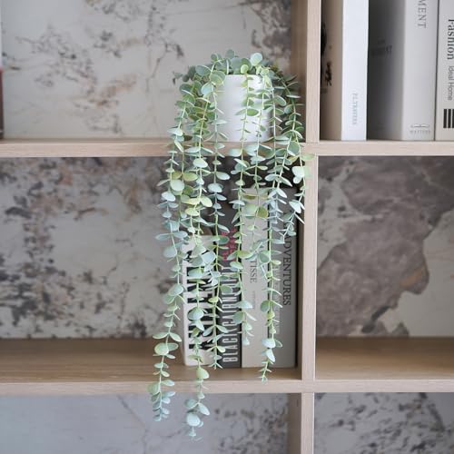 Faux Ivy Eucalyptus Vine Fake Hanging Plants in White Pot, Medium | Decorative Hanging Plants, Fake Greenery, For Shelf - size: Medium