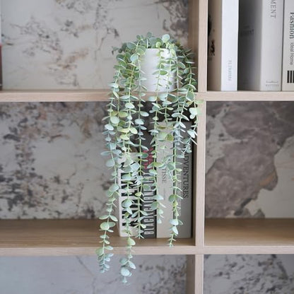Faux Ivy Eucalyptus Vine Fake Hanging Plants in White Pot, Medium | Decorative Hanging Plants, Fake Greenery, For Shelf - size: Medium