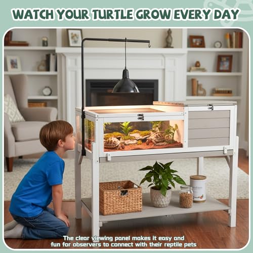 Large Tortoise Habitat with Adjustable Lamp Stand & Storage Shelf, Wooden Tortoise Enclosure with Viewing Window, Pull-Out Tray, 2-Room Reptile Turtle Enclosure House Indoor & Outdoor, Grey - size: 40.4"L x 23.0"W x 32.0"H