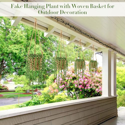 Giegxin Summer Mini Hanging Artificial Plant with Woven Basket Boho Fake Plants Ivy Faux Vines Eucalyptus Leaf for Indoor Home Wall Shelf Decor(6 Set,Green,Hanging Plant Basket) - size: Hanging Plant Basket