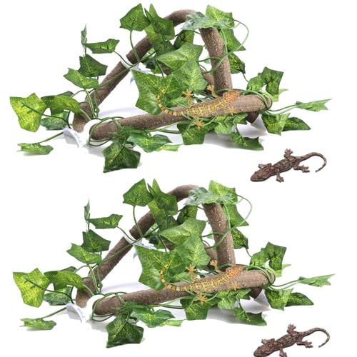 Reptile Vines and Flexible Reptile Leaves, 2PCS Bendable Reptile Branches Plants for Terrarium, Fake Plants for Reptiles Climbing Decor with Suction Cup Chameleon Cage Accessories (Rattan + ivy - size: Rattan + ivy leaves